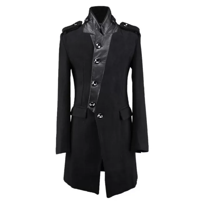 Men Long Trench Coat Gothic Stand Collar British Coat Medium Long Patchwork Wool Coat