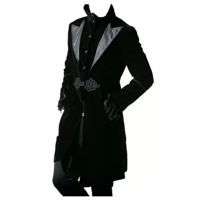 Velvet Coat Men Black Gothic Knot Overcoat Jacket