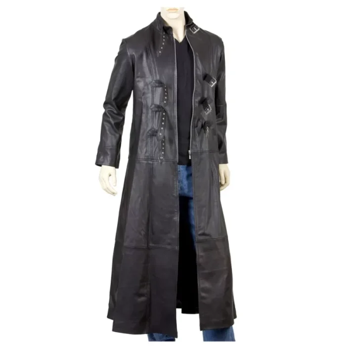 Men Gothic Leather Coat Gothic Full Length Coat With Three Buckle Open Front