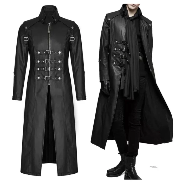 Mens Steampunk Long Coat Outfit Trench Coat Imitation Leather Coat