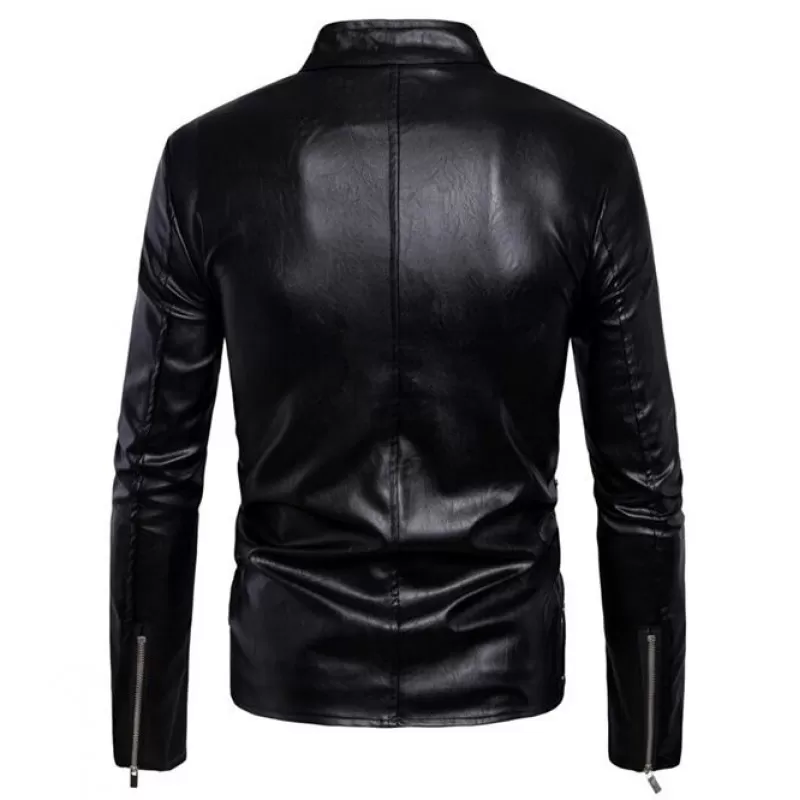 Men Gothic Black Leather Jacket Motorcycle Multi-Zip Biker Jacket