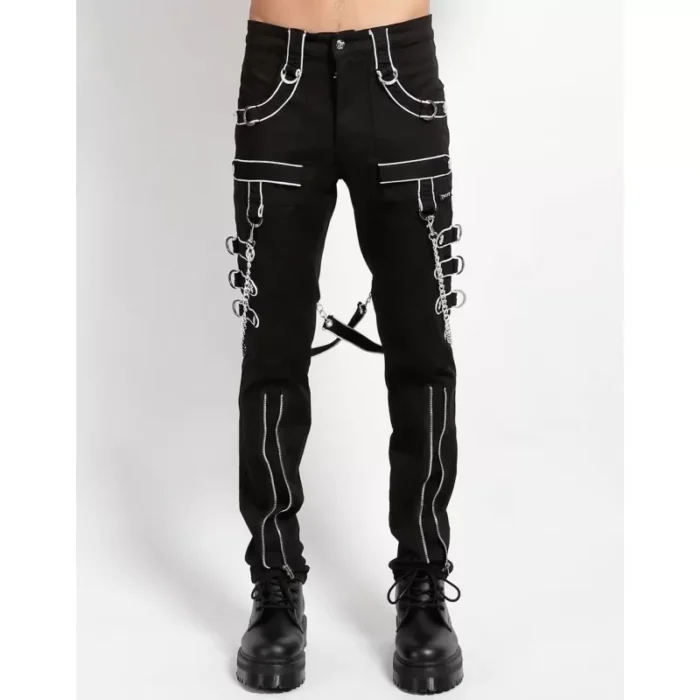 Handmade Men Gothic Pant Trippe Band Pant Black And White Trims Pants Emo Punk Pant