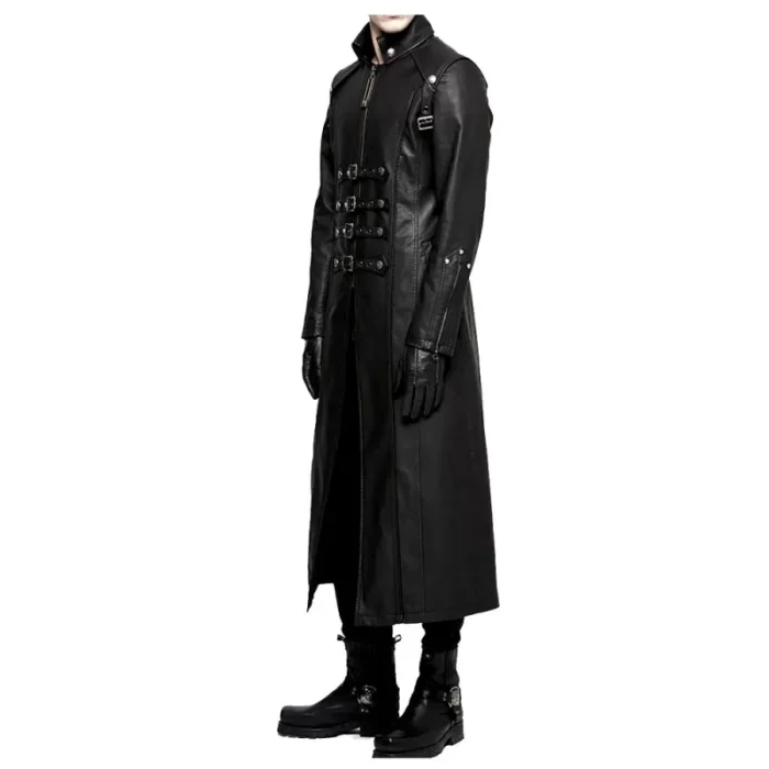 Men Long Leather Coat Gothic Steampunk Plus Size Trench Coat Adjustable Straps Overcoat