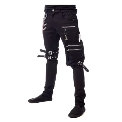 Men Gothic Slim Fit Pant Bondage Metallic Pant Buckle Zipper Black Chain Pant Black