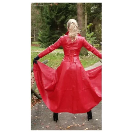 Women Genuine Red Leather Trench Coat Steampunk Gothic Long Overall Coat