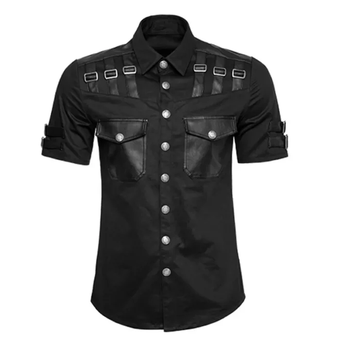 Men Gothic Short Sleeve Shirt Military Punk Style Cotton Shirt | Fetish Shirt