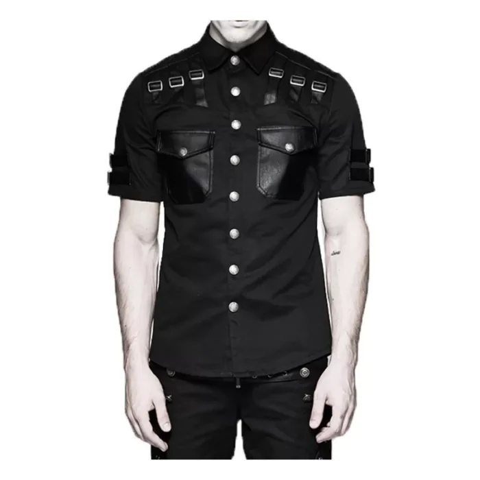 Men Gothic Short Sleeve Shirt Military Punk Style Cotton Shirt | Fetish Shirt