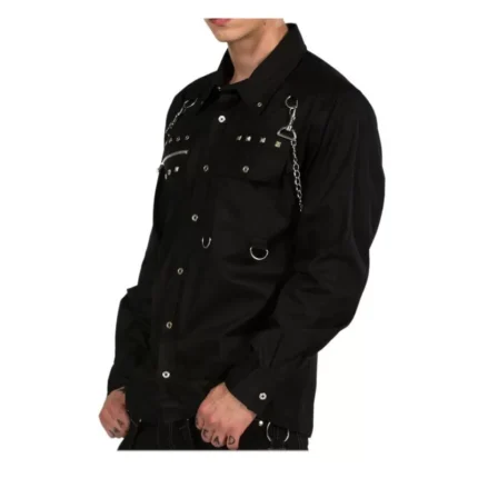 Men Gothic Shirt Zip & Chain Metal Studs Cotton Shirt Long Sleeve Shirt