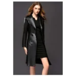 Women Ginger Sheepskin Pu Leather Coat Gothic Black Winter Double-Breasted Trench Coat