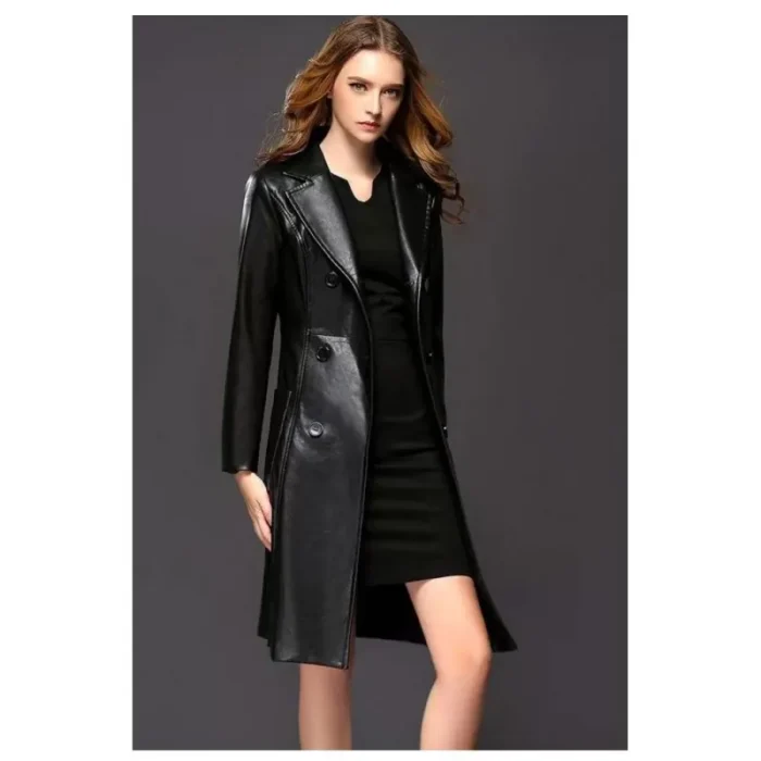 Women Ginger Sheepskin Pu Leather Coat Gothic Black Winter Double-Breasted Trench Coat