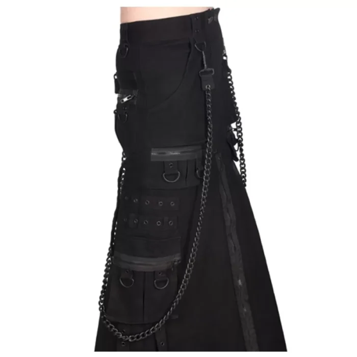 Men Rock Black Pistol Skirt Chain-Embellished Denim Skirt