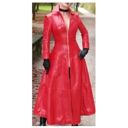 Women Genuine Red Leather Trench Coat Steampunk Gothic Long Overall Coat