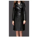 Women Ginger Sheepskin Pu Leather Coat Gothic Black Winter Double-Breasted Trench Coat