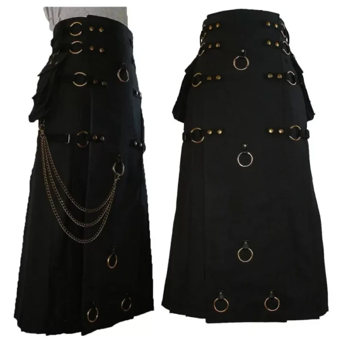 Long Black Gothic Cotton Utility Kilt Steampunk Design Leather Straps & Chains