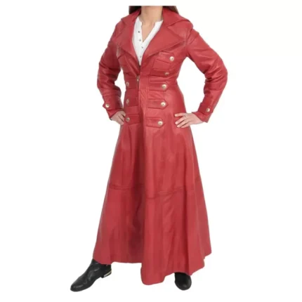 Women Full Length Coat Military Style Trench Leather Coat