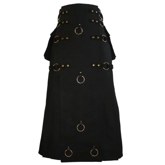 Long Black Gothic Cotton Utility Kilt Steampunk Design Leather Straps & Chains