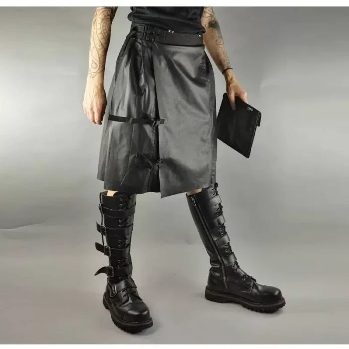 Men Gothic Black Leather Kilt Steampunk Scottish Biker Kilt