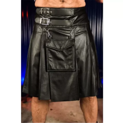 Long Black Gothic Cotton Utility Kilt Steampunk Design Leather Straps & Chains