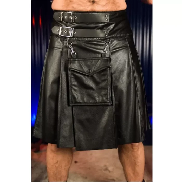 Men Black Club Short Leather Straps Fashion Sport Utility Kilt