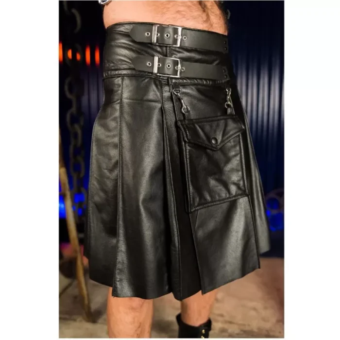 Men Black Club Short Leather Straps Fashion Sport Utility Kilt