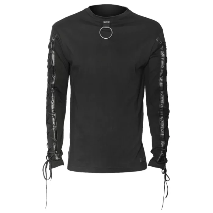 Men Black Long Sleeve Gothic Shirt Goth Emo Style With O Ring Shirts