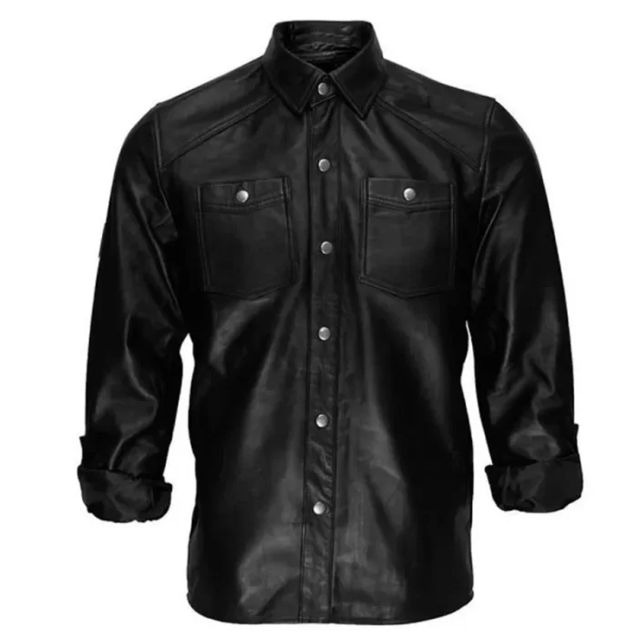 Men Fetish Shirt Black Leather Full Sleeve Shirt Biker Shirt