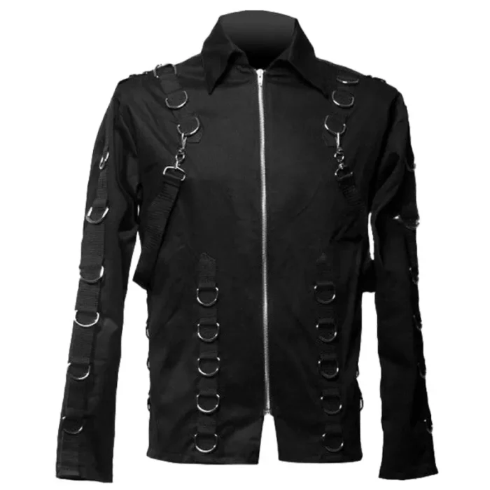 Men Black Gothic Shirt Full Sleeve Zipper Shirt D Ring Style Shirt