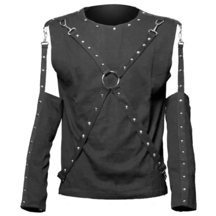 Steampunk Casual Shirt With Black Leather Pocket And Adjustable Straps