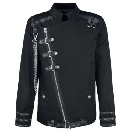 Men Gothic Shirt Black Cotton Buckle Shirt Chain Style Long Sleeve Shirt