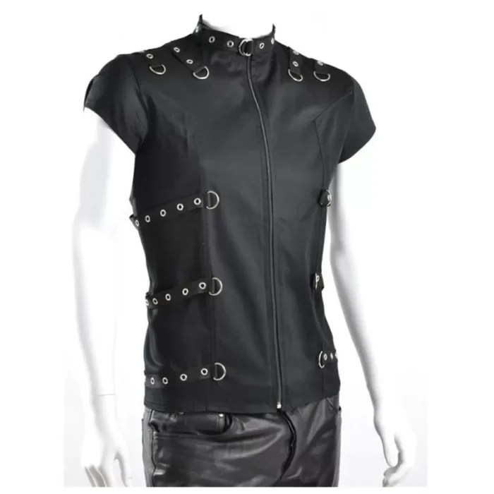 Men Gothic Shirt Black Short Sleeve D-Ring Fetish Style Bondage Shirt