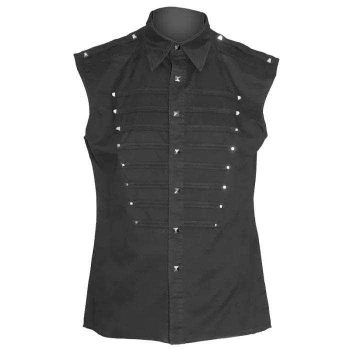 Men Gothic Shirt Black Sleeveless Studded Cotton Bondage Style Shirt