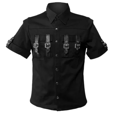 Men Gothic Shirt Black Vintage Straps And Buckle Workwear Style Fashion Shirt