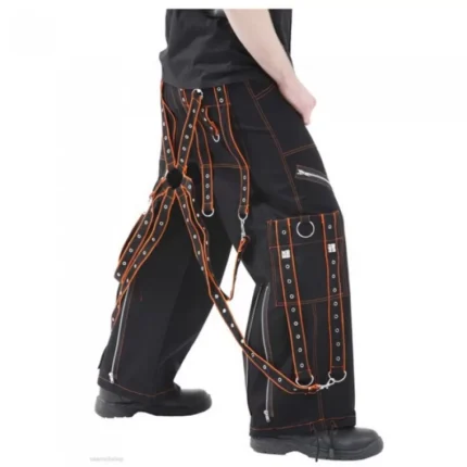 Men Gothic Orange Black Pant Cotton Trousers Studs Metal Punk Tripp Pant