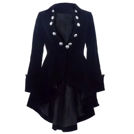 Women Black Velvet Coat Wine | Waterfall Gothic Jacket | Victorian Ruffle Frock Coats