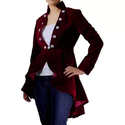 Women Burgundy Gothic Coat Victorian Style Gothic Ruffle Velvet Coat