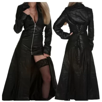 Women Gothic Long Coat Genuine Leather Coat Corset-Style Fashion With Front Zipper Coat