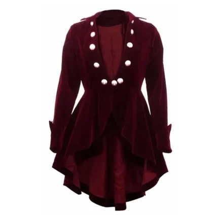 Women Burgundy Gothic Coat Victorian Style Gothic Ruffle Velvet Coat