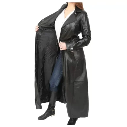 Women Gothic Long Coat Black Leather Coat Double Breasted Trench Coat Biker Coat