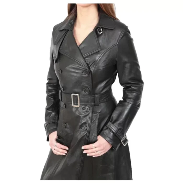 Women Gothic Long Coat Black Leather Coat Double Breasted Trench Coat Biker Coat