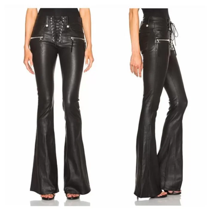 Punk Wind Wide Leg Pu Leather Pant Flared Trousers Women Gothic Pant