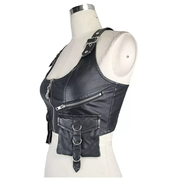 Women Pu Leather Vest Black Short Jacket Coats Motorcycle Waistcoats Punk Rock Military