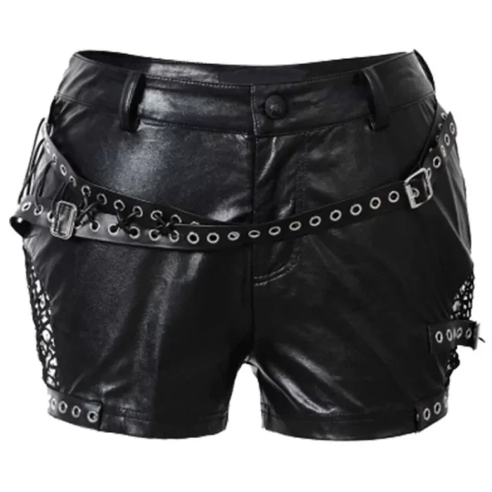 Women Buckle Belt Short Black Gothic Punk Pu Leather Short For Women