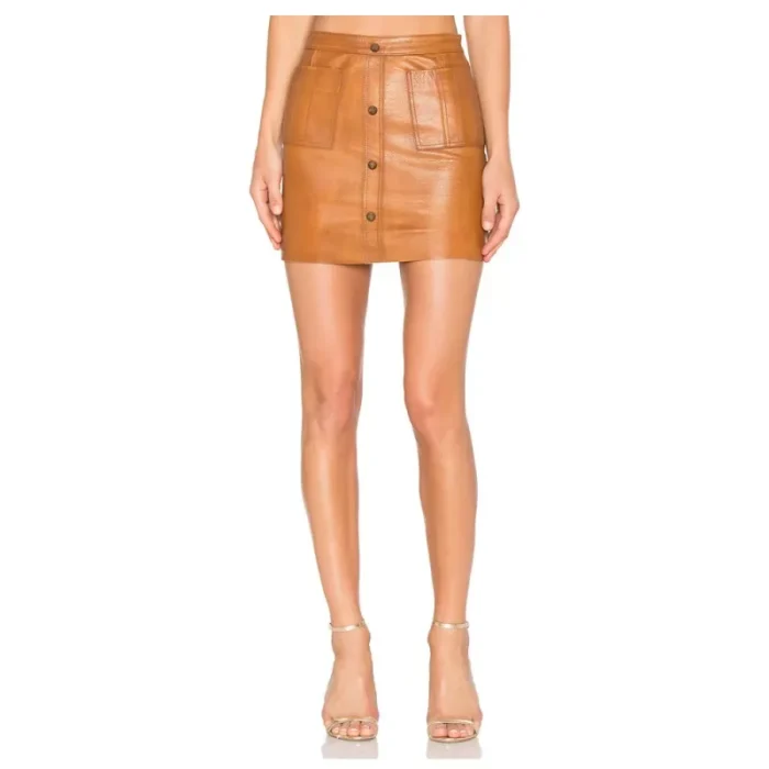 Women Brown Shrimp Ton Leather Mini Skirt Front Snap Pockets Women Gothic Skirt