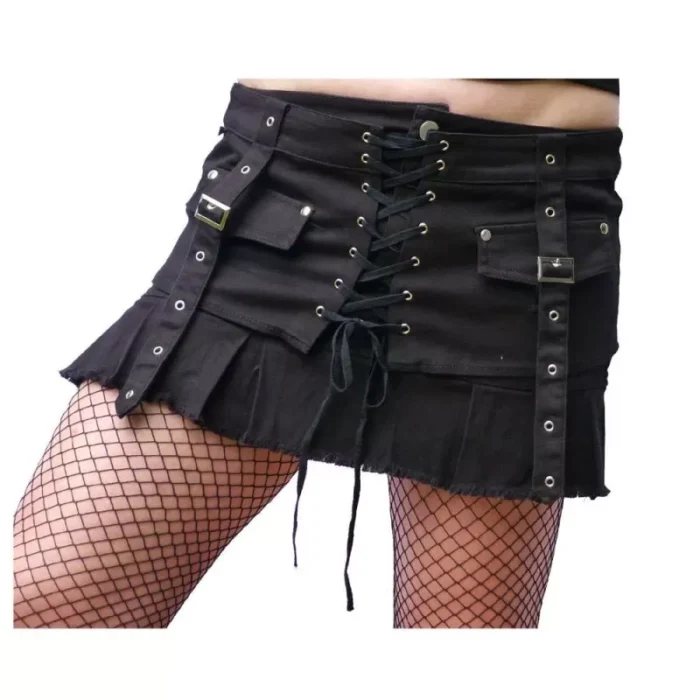 Women Gothic Black Mini Skirt With Eyelet Strap Pock Short