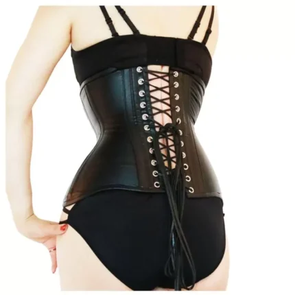 Women Tight Lacing Black Genuine Leather Women Corset