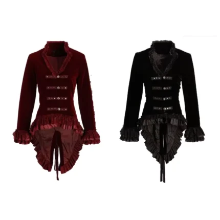 Women Pretty Attitude Burgundy Velvet Victorian Steampunk Vintage Coat