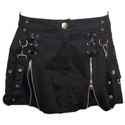 Women Black Satin Victoria Skirt Sexy Goth With Zipper And Belt Short